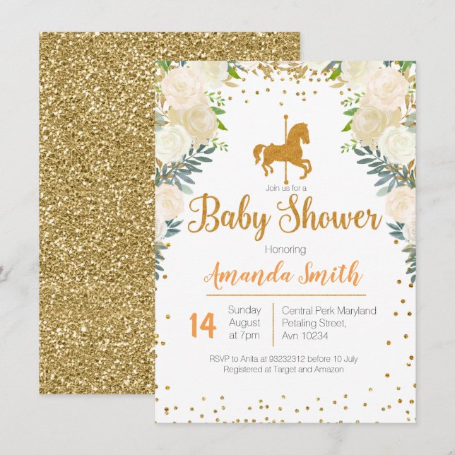 Carousel Gold White Baby Shower invitation (Front/Back)