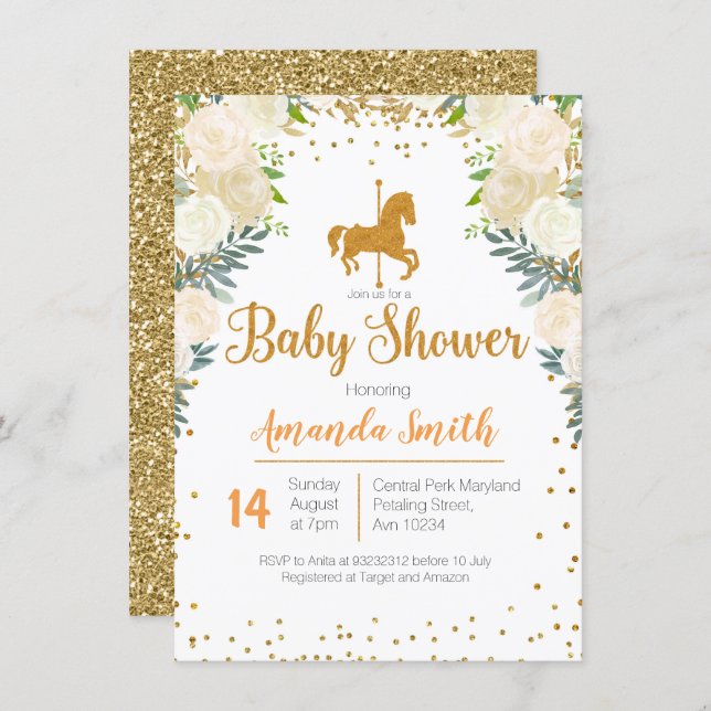 Carousel Gold White Baby Shower invitation (Front/Back)