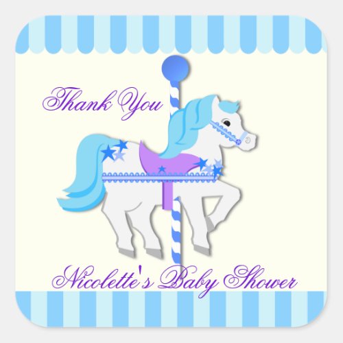 Carousel Horse Baby Blue StarsThank You Square Sticker