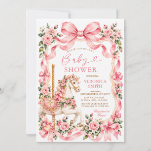 Carousel Horse Baby Shower Pink Bow Roses Floral Invitation