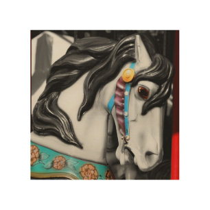 Carousel Horse Black And White Partial Color Wood Wall Art