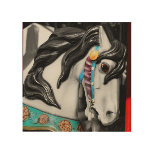 Carousel Horse Black And White Partial Color    Wood Wall Art