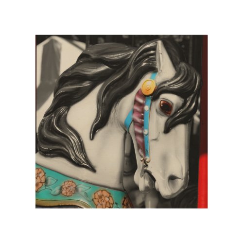 Carousel Horse Black And White Partial Color    Wood Wall Art