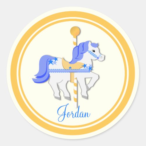 Carousel Horse Blue Gold Stars Classic Round Sticker