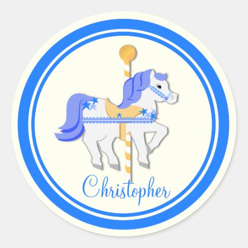 Carousel Horse Blue Gold Stars Classic Round Sticker