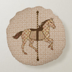 Carousel Horse - Chocolate Brown and Tan Round Pillow