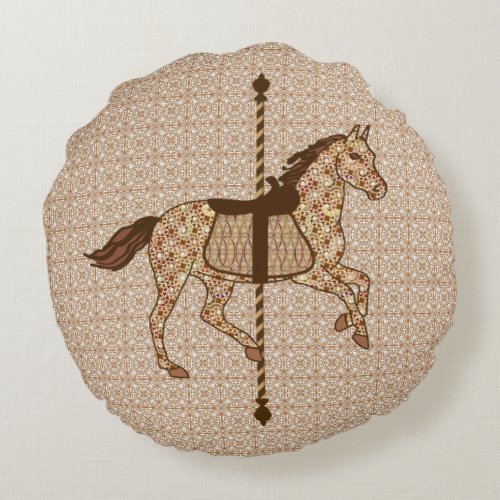 Carousel Horse _ Chocolate Brown and Tan Round Pillow