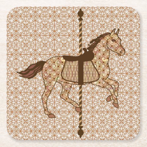 Carousel Horse _ Chocolate Brown and Tan Square Paper Coaster