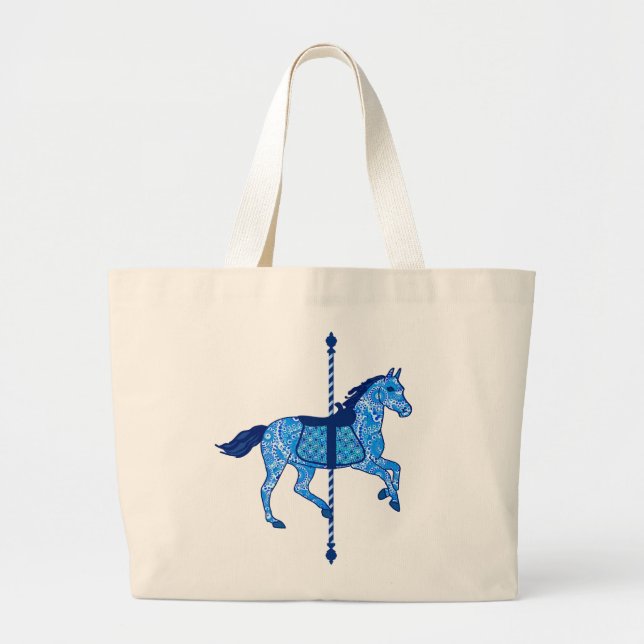 Carousel Horse - Cobalt and Sky Blue Large Tote Bag (Front)