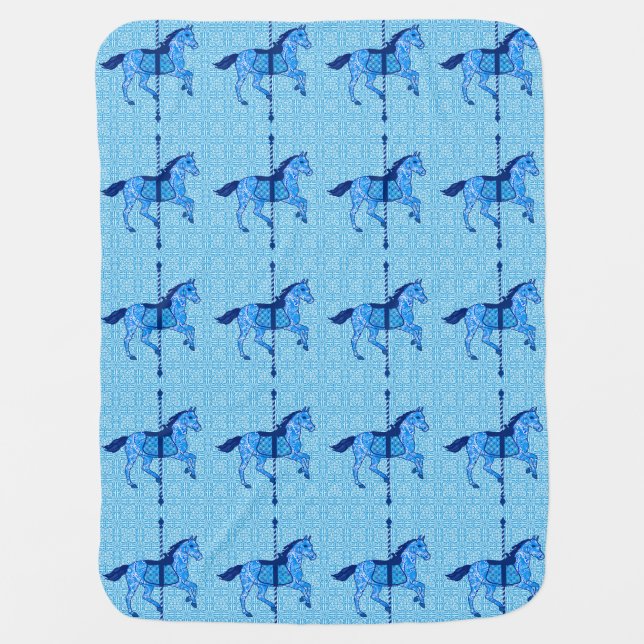 Carousel Horse - Cobalt and Sky Blue Stroller Blanket (Front)