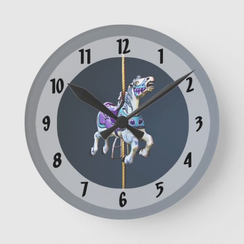 Carousel Horse Dressed in Lavender and Blue Round Clock