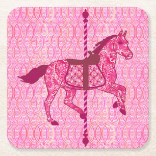 Carousel Horse - Fuchsia Pink Square Paper Coaster