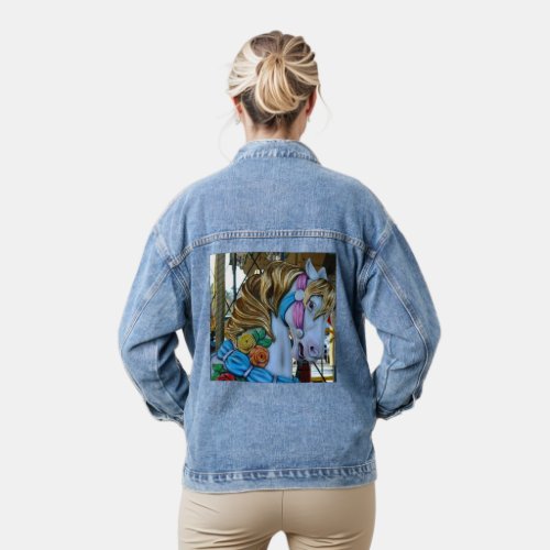 Carousel Horse Gold Mane Blue Ribbon Yellow Orange Denim Jacket