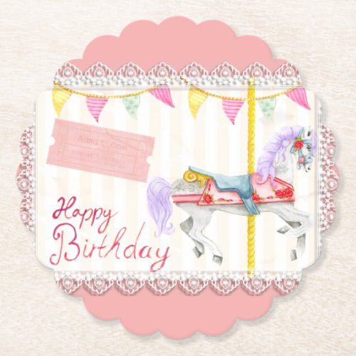 Carousel Horse Pink Birthday  Paper Coaster