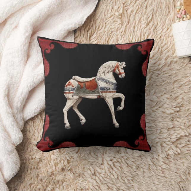 Carousel Horse Red Scalloped Border  Throw Pillow (Blanket)