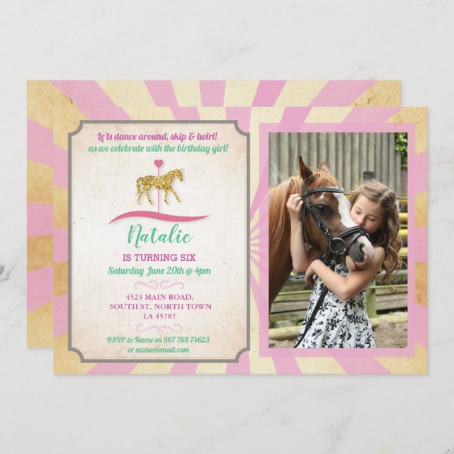 Carousel Horse Riding Party Invite Photo Birthday (Front/Back)