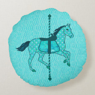 Carousel Horse - Turquoise and Aqua Round Pillow