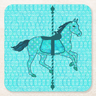 Carousel Horse - Turquoise and Aqua Square Paper Coaster