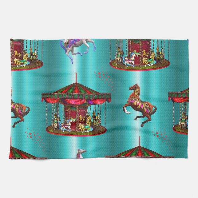 Carousel Horses on Blue Kitchen Towel (Horizontal)