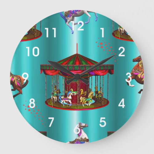Carousel Horses on Blue Large Clock