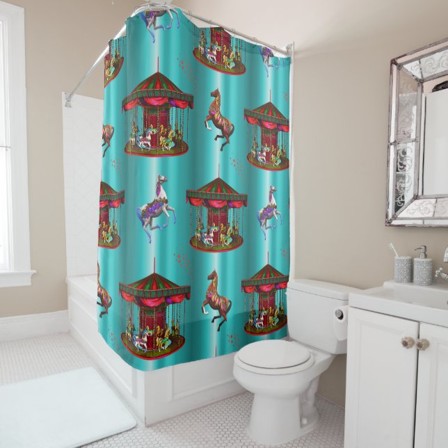 Carousel Horses on Blue Shower Curtain (In Situ)