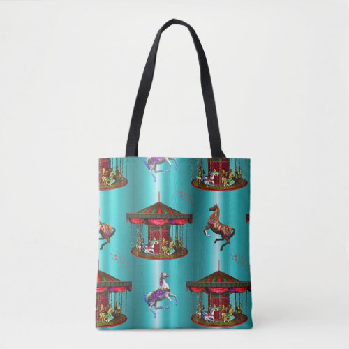 Carousel Horses on Blue Tote Bag