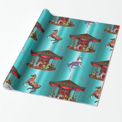 Carousel Horses on Blue Wrapping Paper