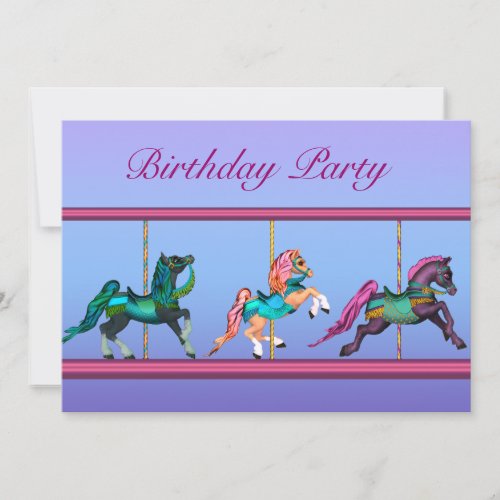 Carousel Horses Pink  Purple Girls Birthday Party Invitation