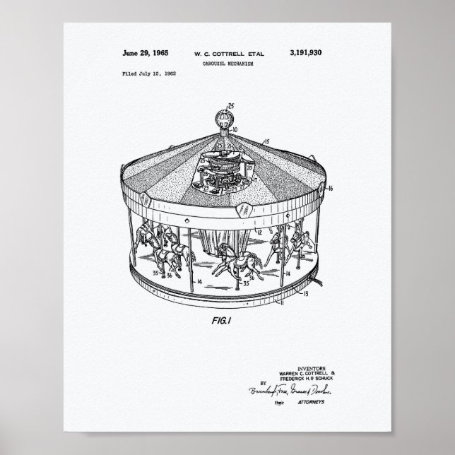 Carousel Mechanism 1965 Patent Art White Paper Poster (Front)
