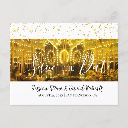 Carousel Merry_Go_Round Gold Confetti Wedding Announcement Postcard