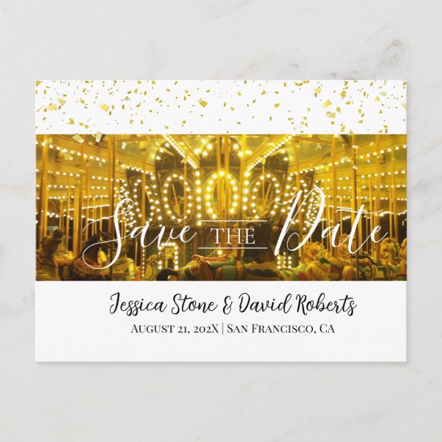 Carousel Merry-Go-Round Gold Confetti Wedding Announcement Postcard (Front)