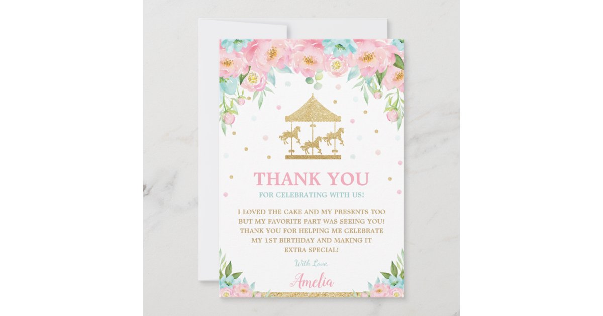 Pink Merry Go Round Carousel Merry Go Round Pink Mint Floral Birthday Thank You Card | Zazzle