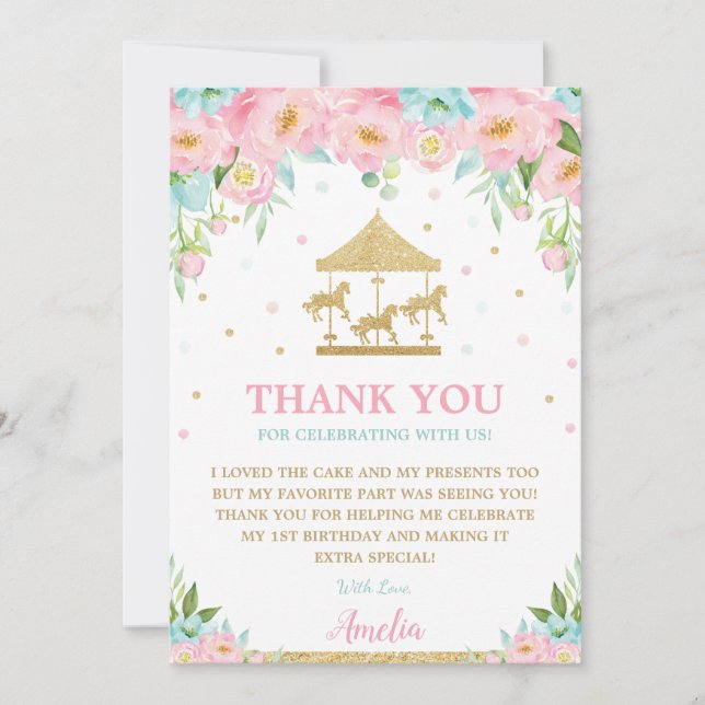 Carousel Merry Go Round Pink Mint Floral Birthday Thank You Card (Front)