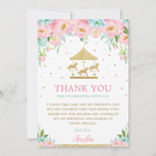 Carousel Merry Go Round Pink Mint Floral Birthday Thank You Card