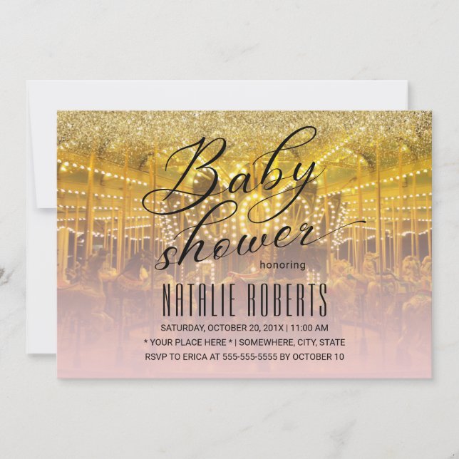 Carousel Modern Gold & Pink Typography Baby Shower Invitation (Front)