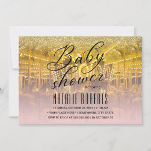 Carousel Modern Gold & Pink Typography Baby Shower Invitation