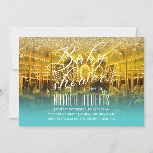 Carousel Modern Gold  Teal Typography Baby Shower Invitation