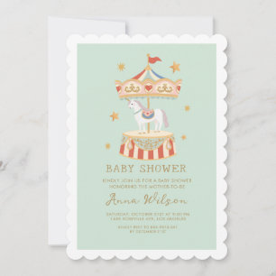 Carousel Pastel Sage Green Cute Baby Shower Invitation