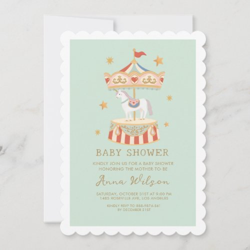 Carousel Pastel Sage Green Cute Baby Shower  Invitation