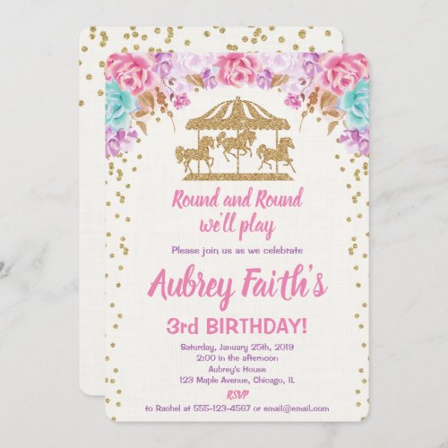 Carousel pink and gold birthday invitation girl