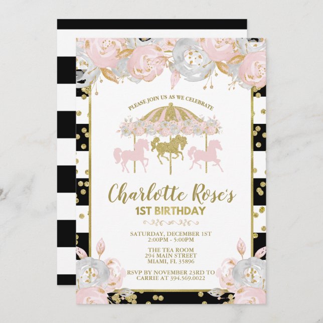 Carousel pink and Gold First Birthday Invitation (Front/Back)