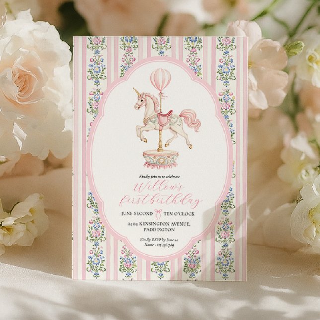 Carousel Pink First Birthday Invitation (Creator Uploaded)