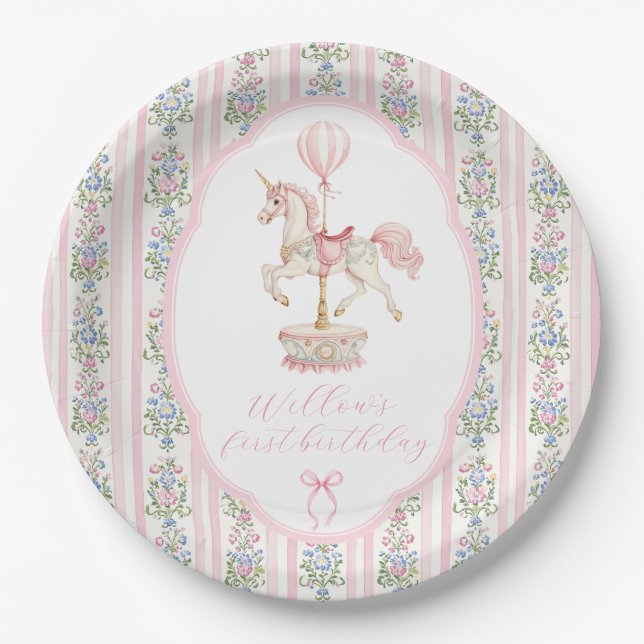 Carousel Pink First Birthday Paper Plates (Front)