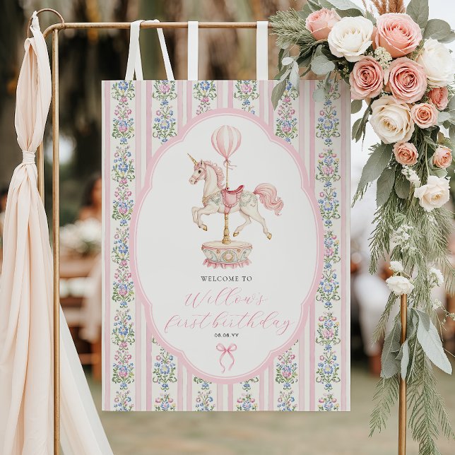 Carousel Pink First Birthday Welcome Poster (Creator Uploaded)