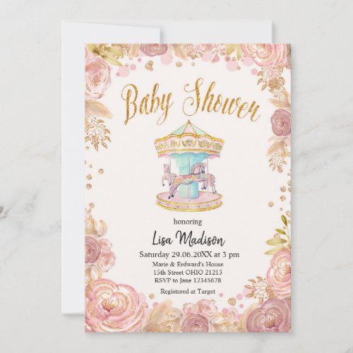 Carousel Pink Glitter Horse Baby Shower Invitation