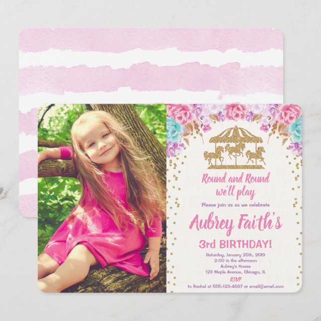 Carousel pink gold teal photo birthday invitation (Front/Back)