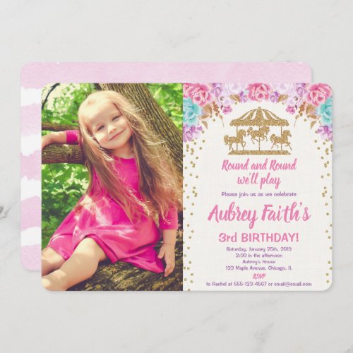 Carousel pink gold teal photo birthday invitation