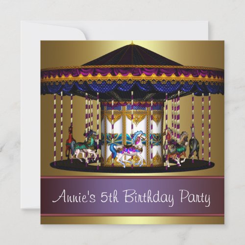 Carousel Ponies Girls 5th Birthday Party Invitation