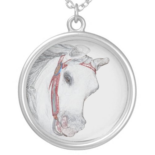 Carousel Pony Colored Pencil Drawing  Horse Face Silver Plated Necklace