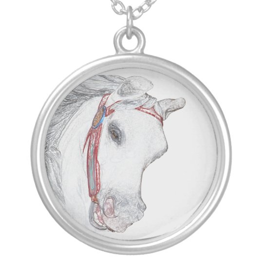 Carousel Pony Colored Pencil Drawing Horse Face Silver Plated Necklace
